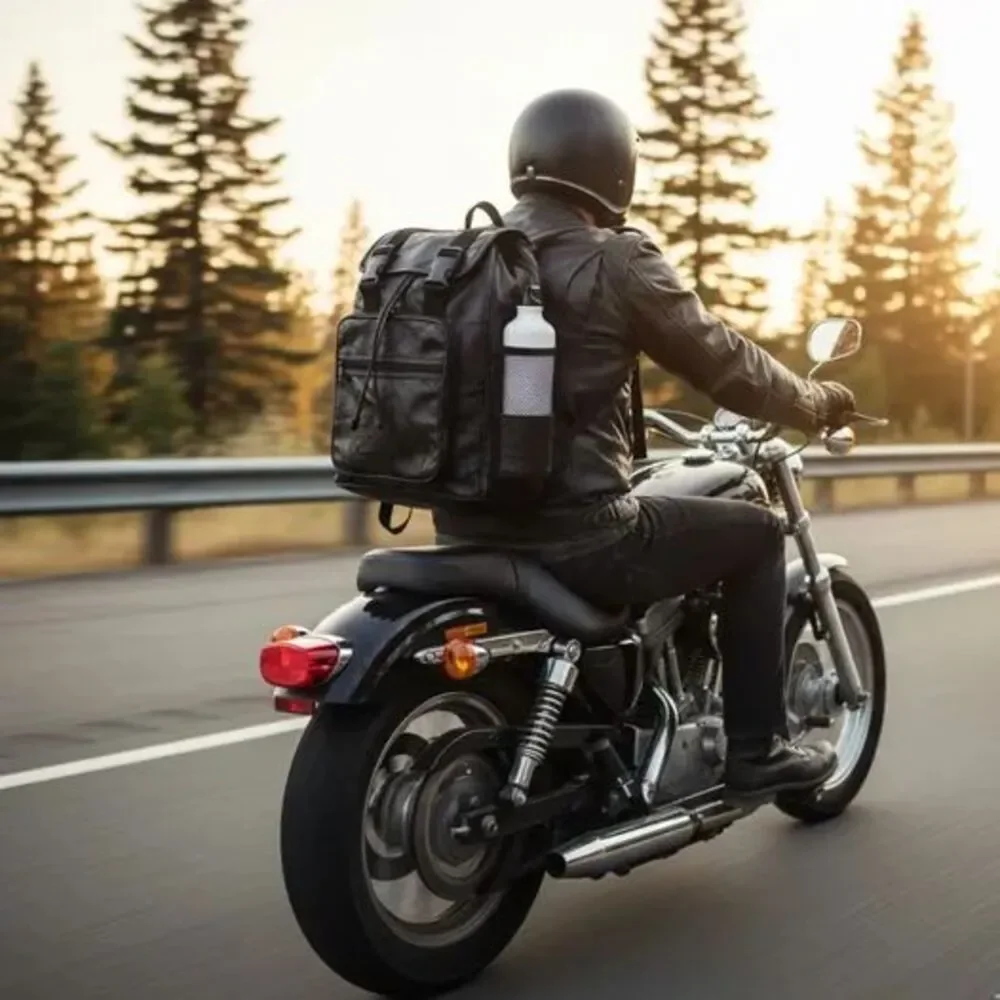 Black 100% Genuine Leather Backpack - Great For Motorcycle, School, Hiking